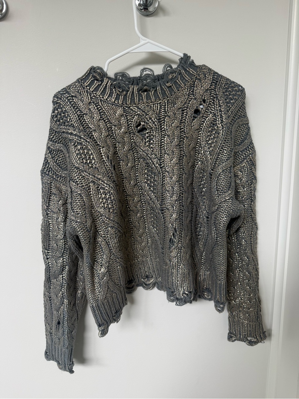 Zara Gray Distressed Cable Knit Crewneck Sweater